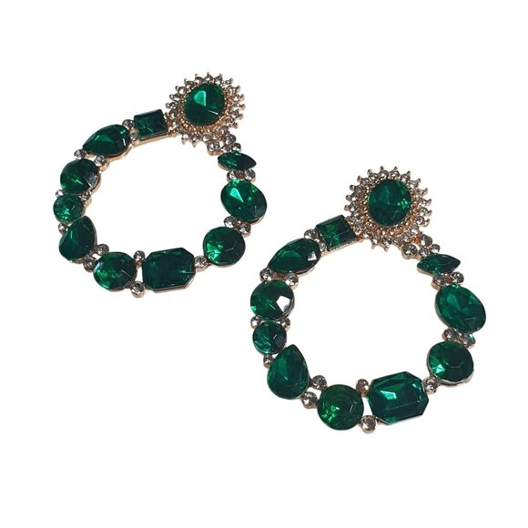 Emerald Green Acrylic Crystal Gold Tone Hoop Earrings Costume Jewelry Gift - Picture 2 of 5